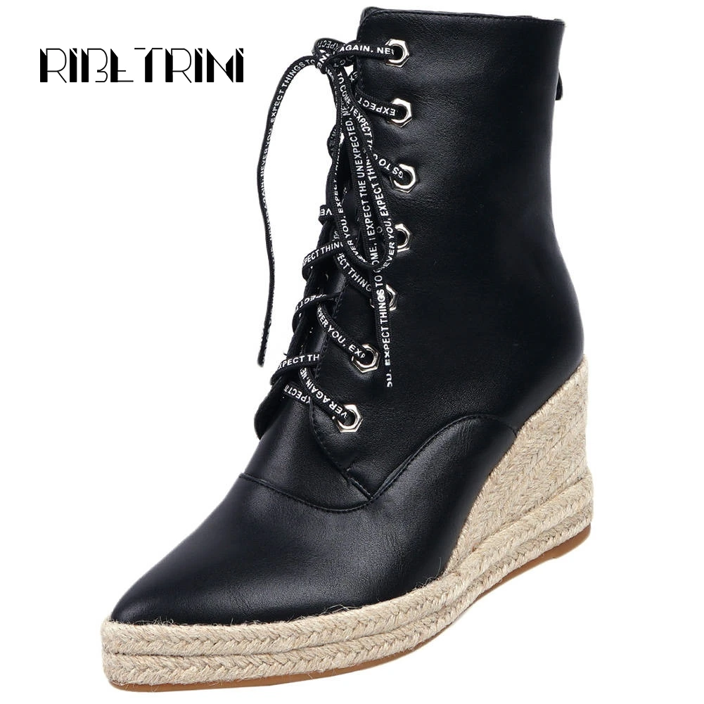 

RIBETRINI Plus Size 44 Ladies Cool Pointed Toe Boots Elegant lace-up Ankle Platform Boots Women High Wedges Shoes Woman