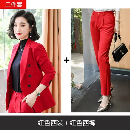 Two-piece set Женские костюмы осень-зима новые темпераментные модные двубортные униформы комплект украшения верх брюки костюм из двух предметов - Цвет: Two-piece set