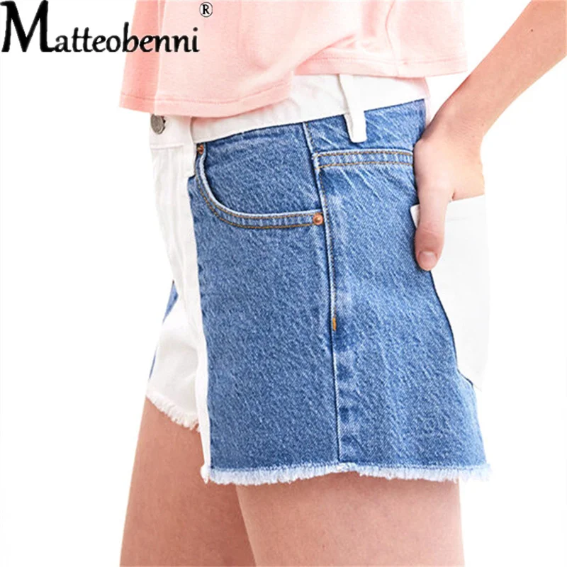 Women's Mid-Waist Sexy Straight Blue White Contrast Color Patchwork Denim Shorts Summer Cotton Baggy Fashion Hotpants