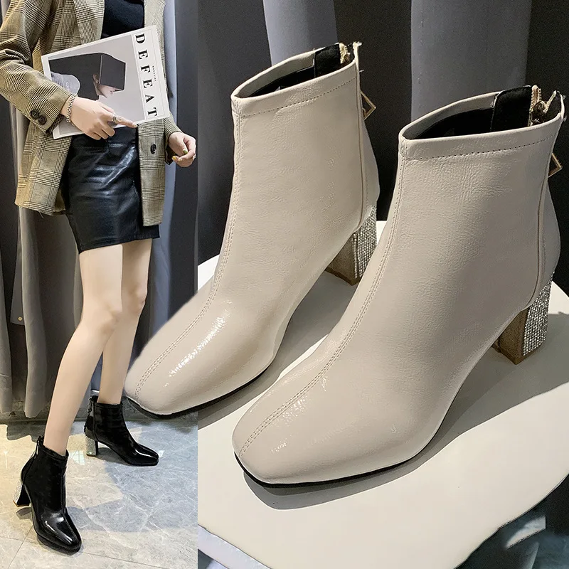 

Boots Women's 2019 New Style Autumn British-Style Small Short Boots Spring And Autumn 00 Single Boots Thick with High Heels Squa