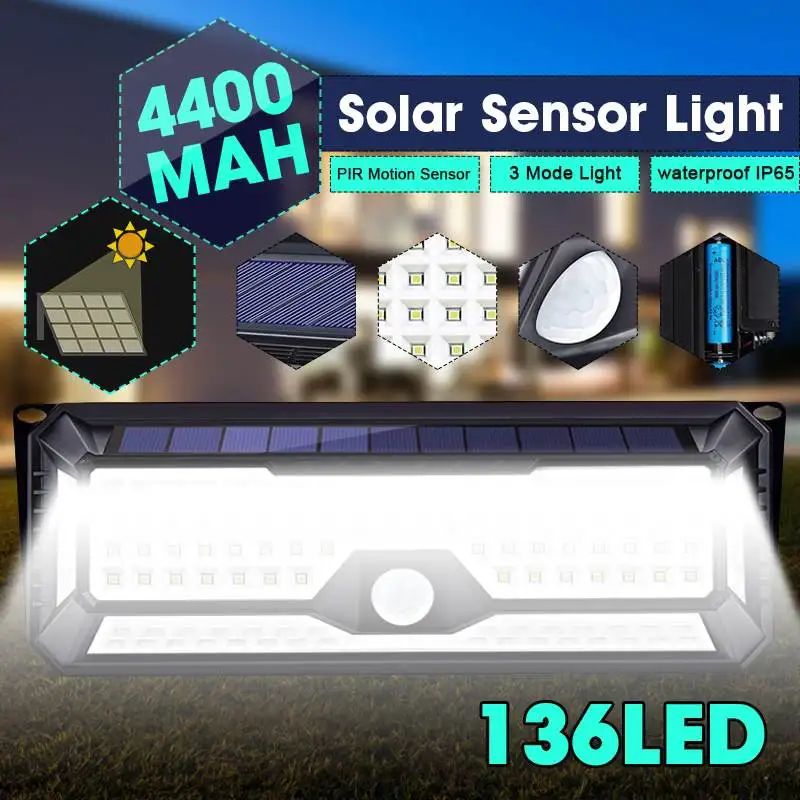 

136 LED Solar Light Outdoor Solar Lamp Motion Sensor Solar Powered Spotlight 3 Modes Wall Sunlight for Street Garden Decoration