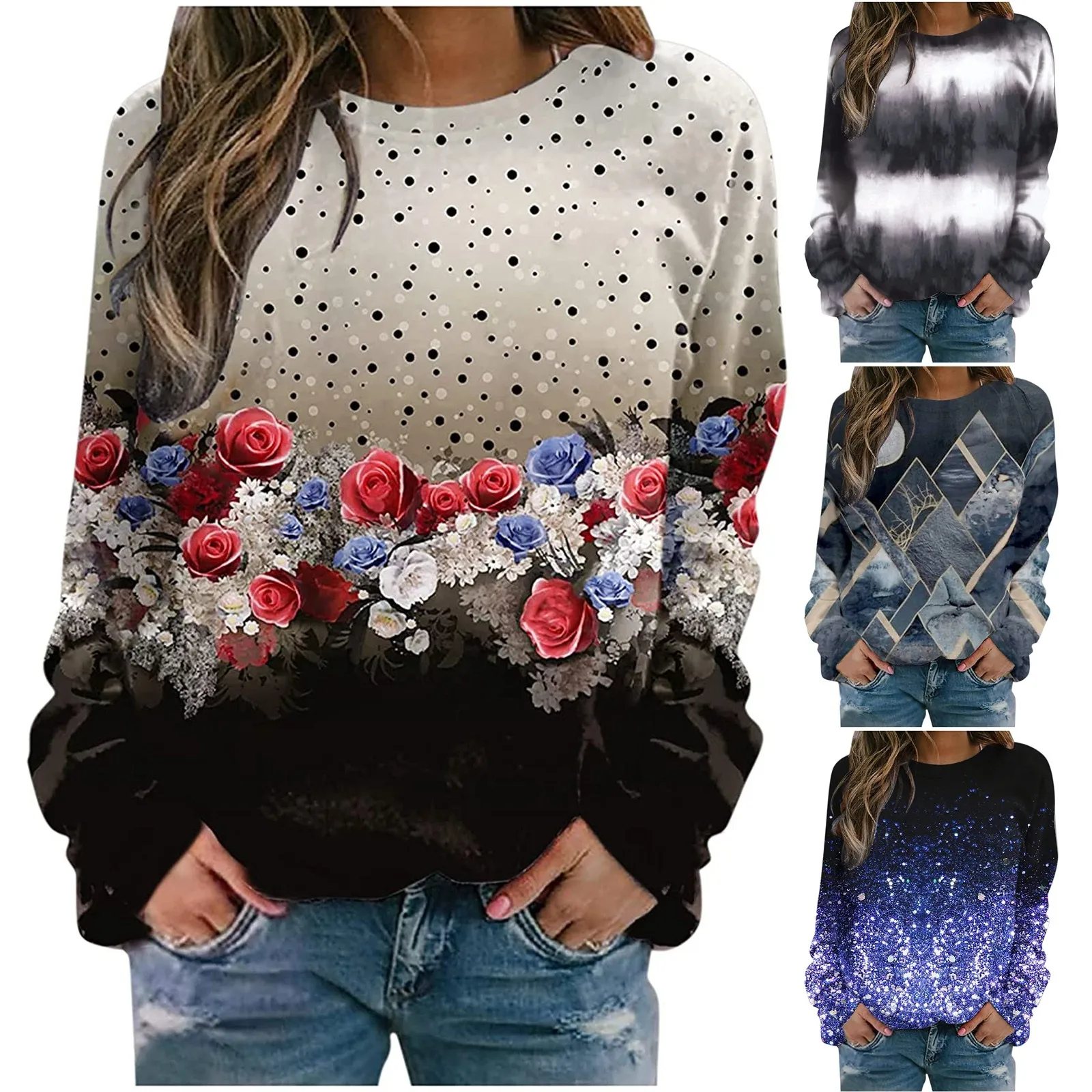 Oversized Women Fashion Halloween Element Print Long-sleeved Sweatshirt Casual Hoodie Round Neck Blouse Autumn Pullover Aachoae 1