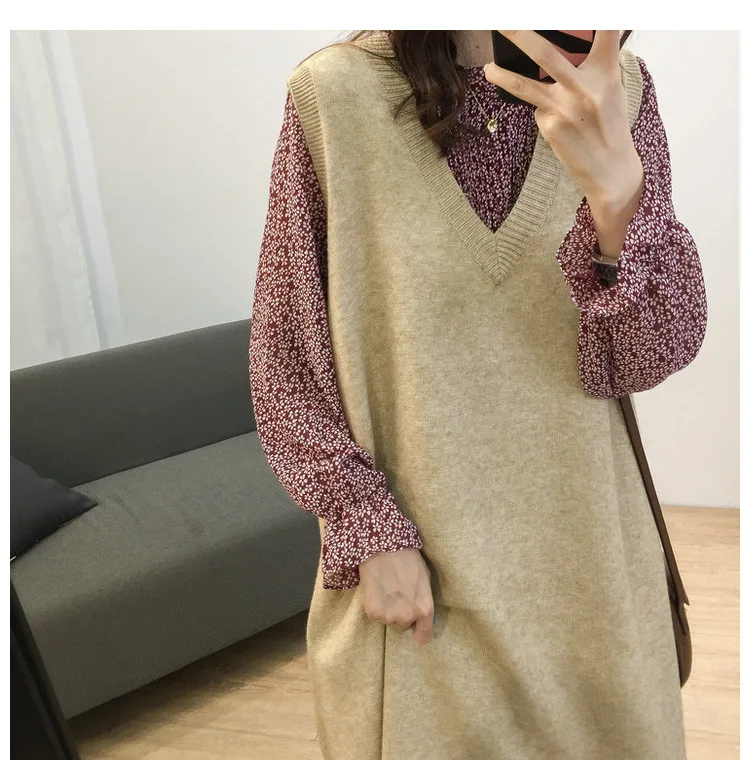 Loose-Fit Stand Collar Floral-Print Chiffon Long-sleeved Dress Autumn And Winter Women's Large Size Slimming Medium-length A- li