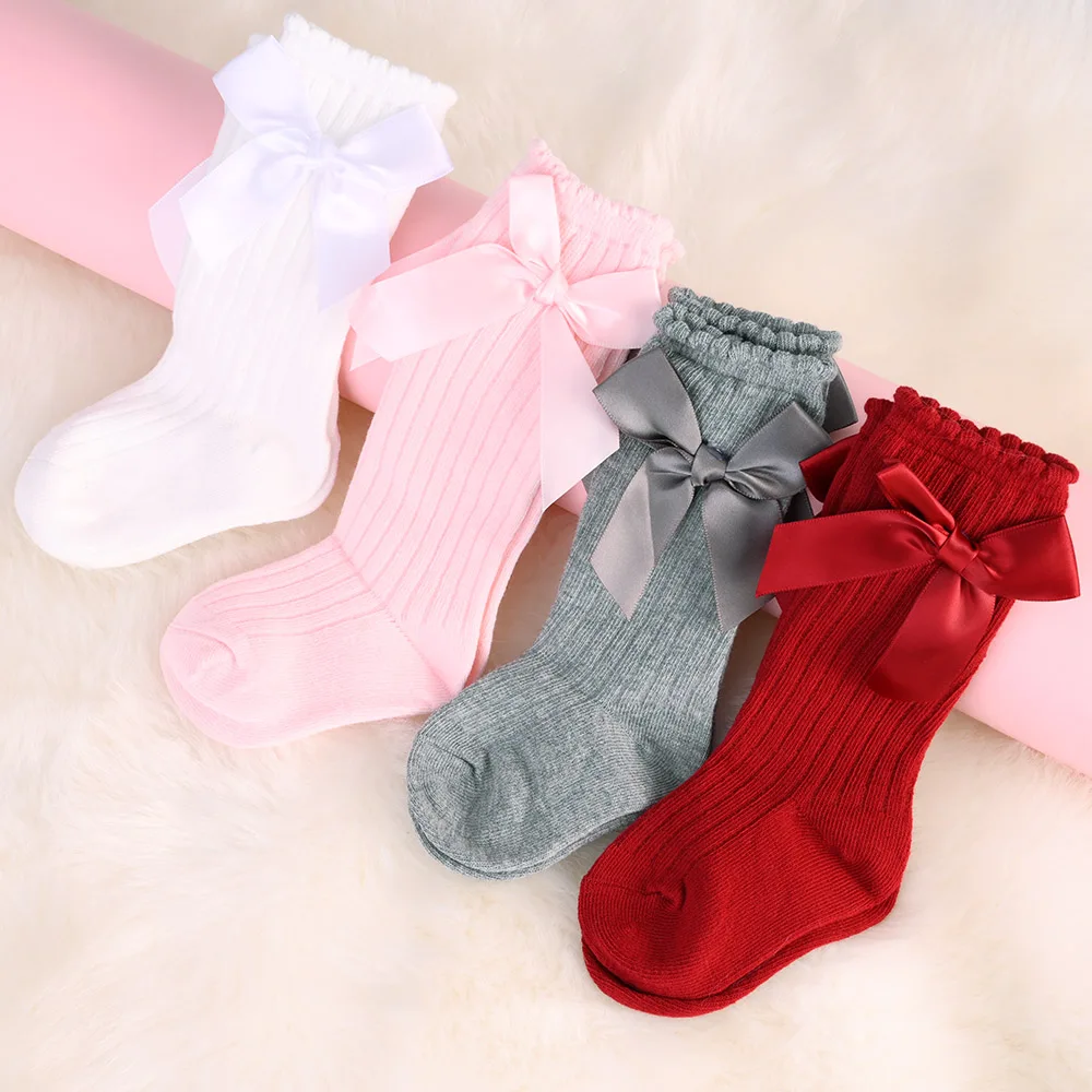 Quaslover/носки для новорожденных девочек хлопковые сетчатые Дышащие носки для малышей мягкие кружевные носки до колена с бантом для маленьких девочек