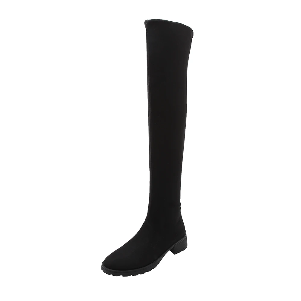 Г. Женские узкие Сапоги выше колена на низком каблуке замшевые черные модные пикантные зимние сапоги до бедра с круглым носком женская обувь 32-43 - Цвет: black  single