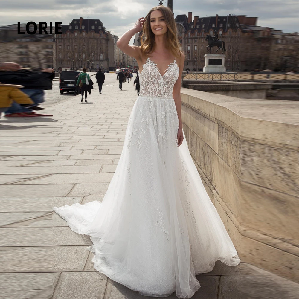 

LORIE Spaghetti Straps Sleeveelss Bohemian Wedding Dresses Lace Appliqued Beads Bridal Gowns Backless Beach A-Line mariage