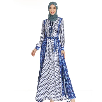 

Elegant Islamic Clothing Muslim Dress Women Printe Bandage Long Robe Kaftan Abaya Turkey Lady Dubai Evening Party Dresses YB1099