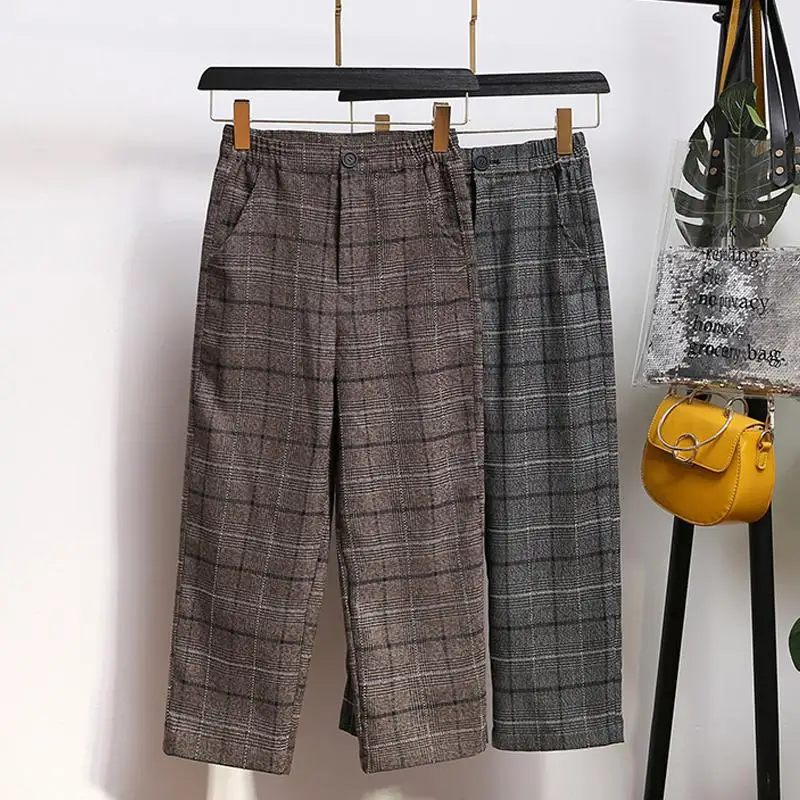 

XL-5XL Plus size Women Woolen Pant Casual Plaid Elastic Waist Large size Trouser Autumn Winter Loose England Style Wide Leg Pant