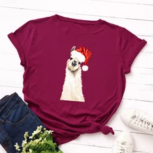 Женские футболки с графическим рисунком, женские футболки с коротким рукавом, хлопок, рождественские Забавные футболки с изображением ламы, топы, футболки больших размеров