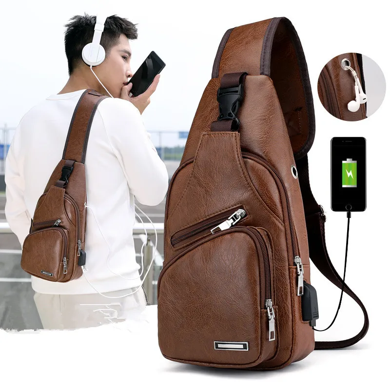 Men's Shoulder Bag PU Leather Chest Pack Mobile Phone USB Charging Sports Handbag |