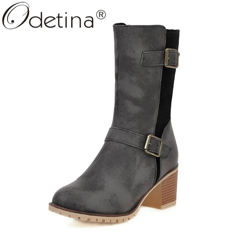

Odetina New Fashion Women Chunky Mid Block Heel Mid Calf Boots Side Zip Platform Buckle Strap Round Toe Autumn Shoes Big Size 43