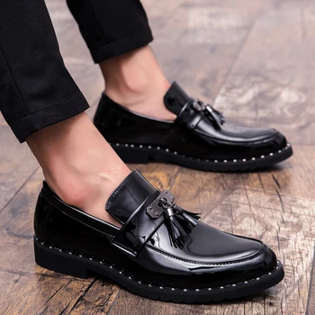 

Brand Men Penny Loafer Black outdoor fashion Patchwork Leather Horsehair Slip On Dress tassel Shoes Men's party Casual