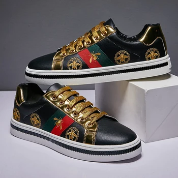 

35~46 Men Canvas Shoes 2020 Genuine Leather Bee Fashion Solid Color Men Vulcanized Shoes Lace-up White Casual Shoes Men Sneakers