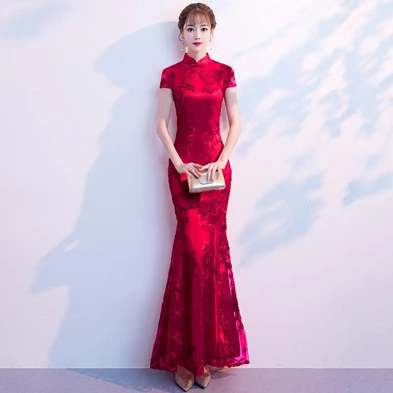 Красный китайский традиционный для женщин рыбий хвост Qipao невесты свадебное платье Элегантный кружево Мандарин воротник Cheongsam Vestidos De Festa - Цвет: Style 6