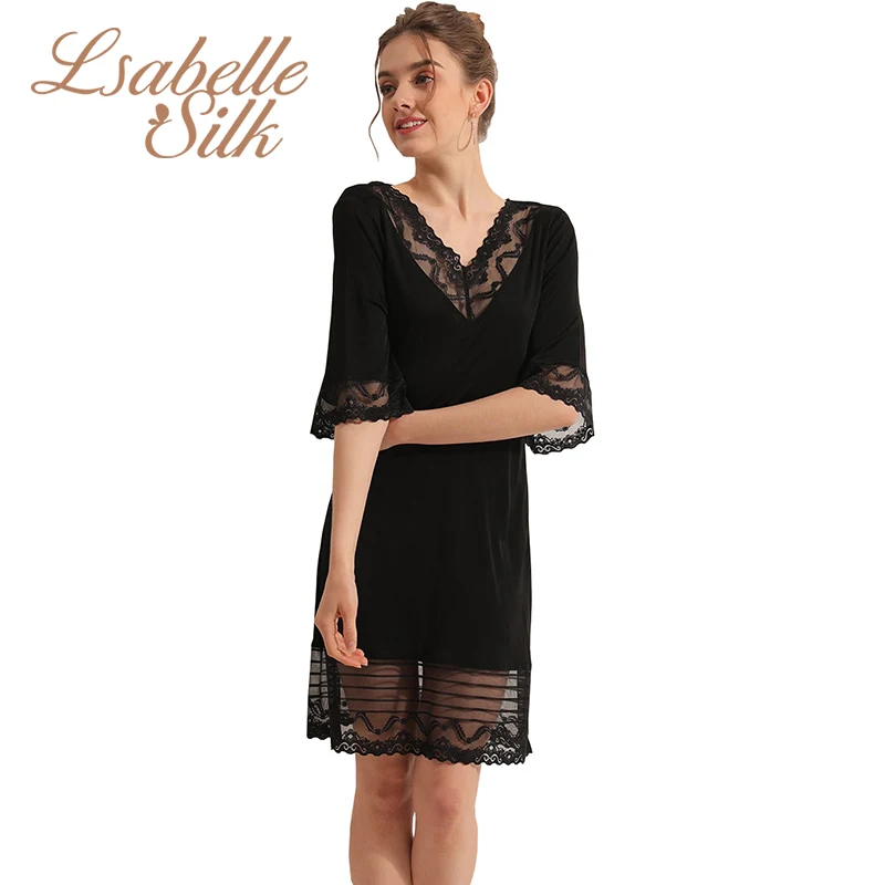 

Silk nightgown sleepwear women nightdress Real Silk sleeping midi dress Sexy Lace nighties V-Neck Half-sleeve