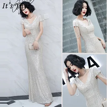 

It's Yiiya Eveing Gowns Short Sleeve Beading V-Neckdress Woman Party Floor-Length Sequined Plus Size Zipper Robe De Soiree K015