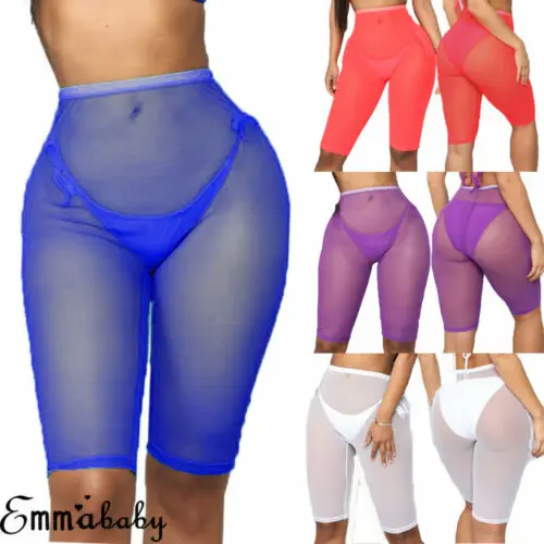 

US Women Sexy Solid Color Mesh Sheer Short Trousers Bikini Cover Up Beach Transparent Pants Swimming Separates