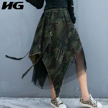 HG джинсовая сетчатая соединенная юбка женская камуфляжная печать нерегулярная эластичная талия модная индивидуальность Осенняя Женская юбка XJ1689