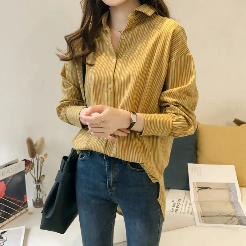 

Autumn 2019 Korean Women Striped Blouse Loose Plus Size Casual White Shirt Long Sleeve Shirt Fashion Women Streetwear Ladies Top