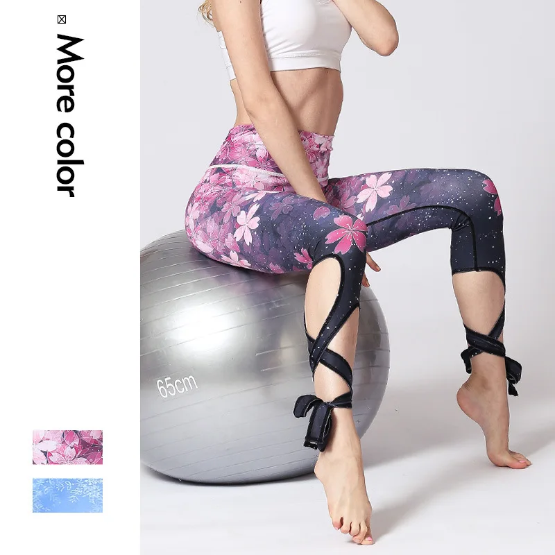 

2021 Women Soft Printing Lace Up Pants Gym Fitness Leggings Loose Bandage Breathable High Waist Pocketed Pants