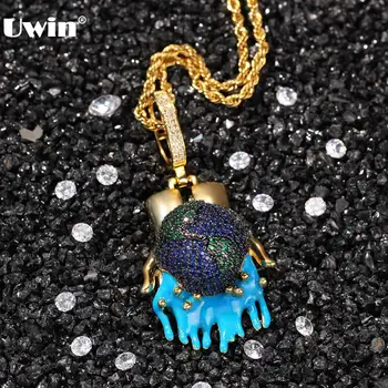 

Uwin Hiphop Jewelry Earth Protecting Pendant Necklace Full Iced Out Cubic Zirconia Fashion Punk Accessories Drop Shipping