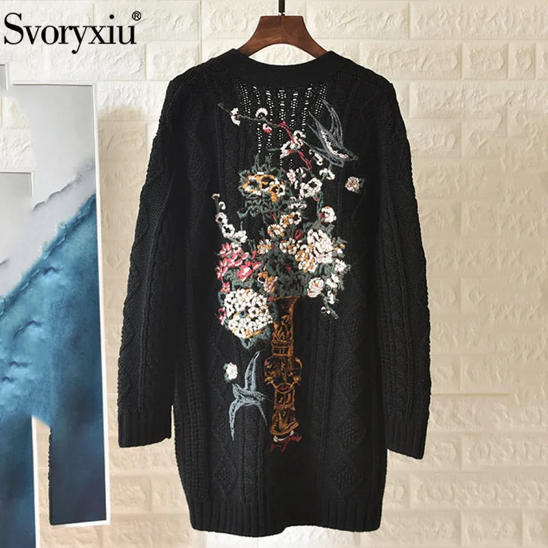 

Svoryxiu Designer Autumn Winter Wool Knitting Cardigan Women's Long Sleeve V Collar Embroidery Sweater Cardigan Thick Coat
