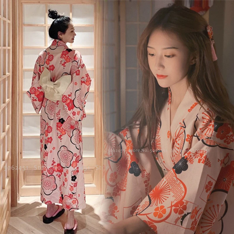 

Women Elegant Kimono Robes Traditional Japanese Style Obi Sakura Print Yukata Bathrobes Girls Party Dress Gown Vintage Vestidos