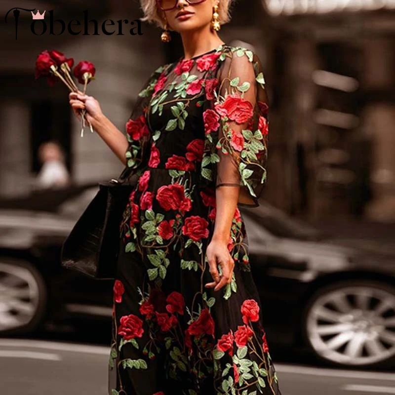 Glamaker Роза вышивка сетка черное платье Женский костюм из двух частей Цветочный элегантный платье осеннее сексуальное винтажное платье размера плюс длинное Новое