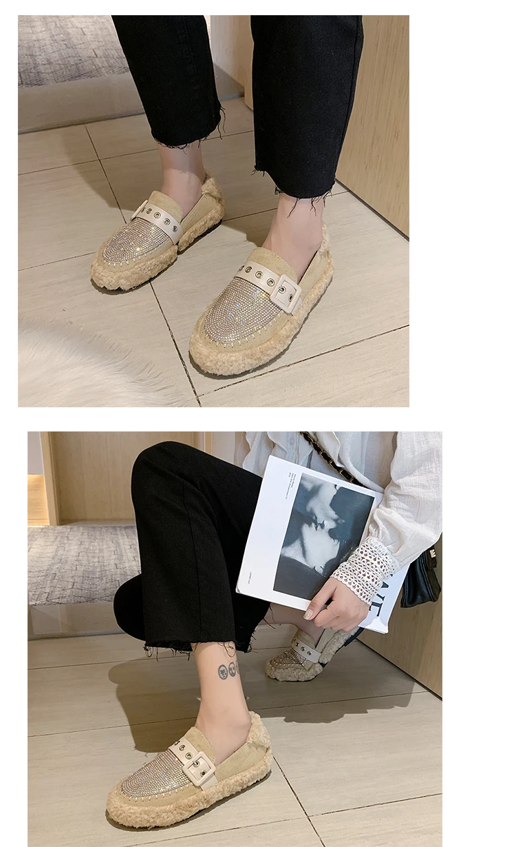 Korean Shoes Women All-Match Casual Female Sneakers Women's Moccasins Round Toe Autumn Loafers Fur Flats Crystal New Fall