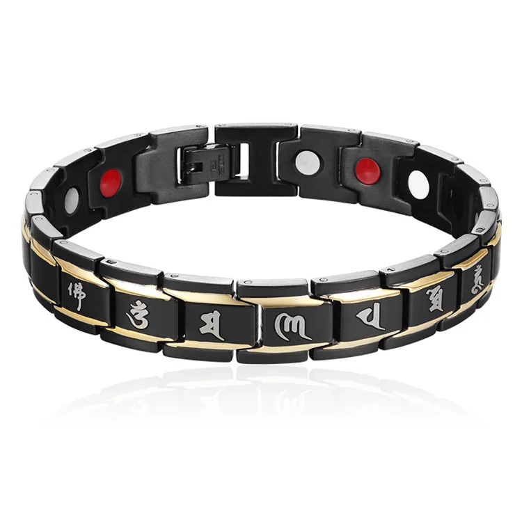 

New Style Titanium Steel Trend Bracelets Religious Mantra Men Bracelets Magnet Black And White with Pattern Bracelets Wholesale