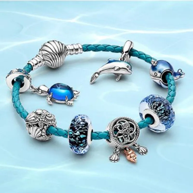 

100% S925 Sterling Silver Summer Ocean Series Blue Secret Fish Starfish Turtle Glass Shell Leather Fashion Bracelet Female