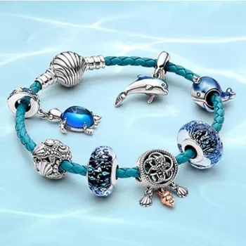 

100% S925 Sterling Silver Summer Ocean Series Blue Secret Fish Starfish Turtle Glass Shell Leather Fashion Bracelet Female