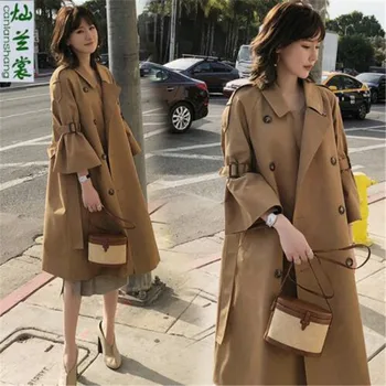 

Fashion Windbreaker Female 2019 Spring Autumn New Korean Trumpet Sleeve Over The Waist Tie Slim Long Trench Coat for Women