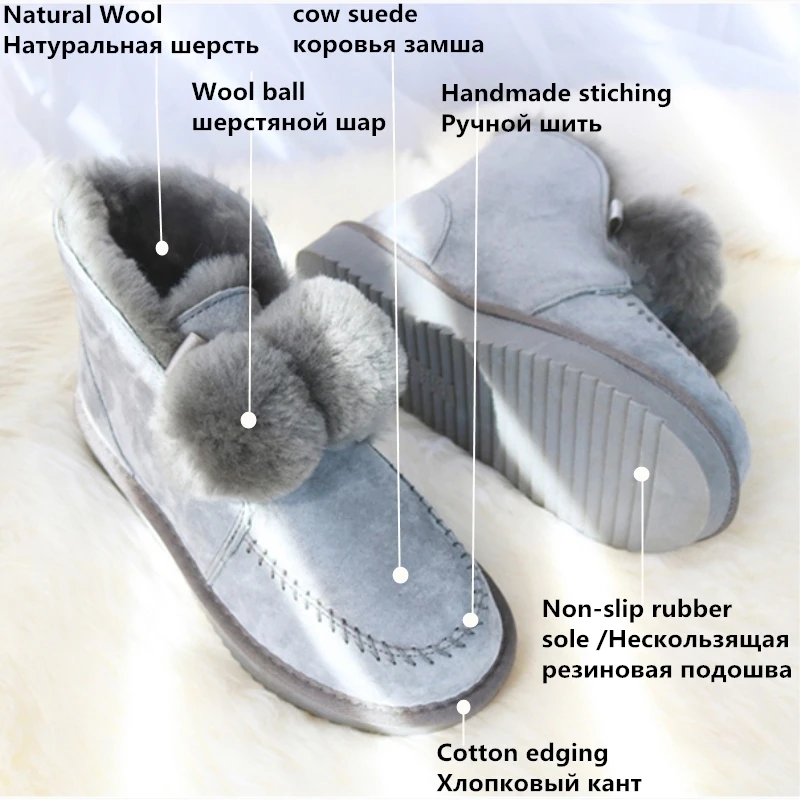G& Zaco/ботинки из овечьей шерсти; Женская шерстяная обувь; зимние ботинки из овечьей кожи; Зимние Замшевые ботильоны с помпонами; модная обувь из натуральной кожи на плоской подошве