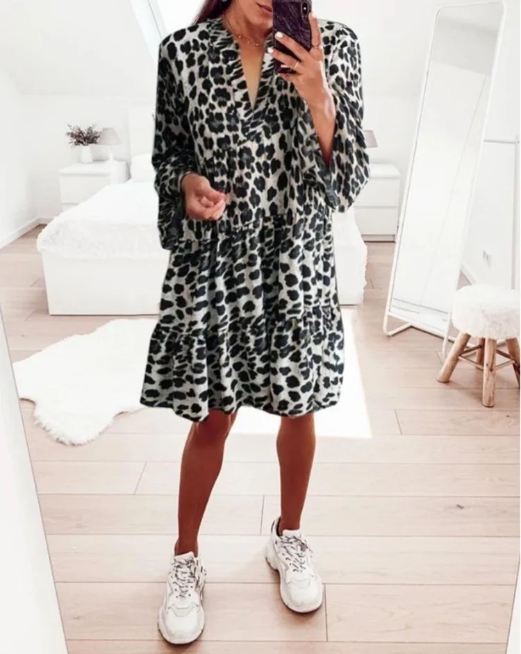Big Size Ladies Dress Leopard Print High Waist V-neck Bell Sleeve Summer Beach Short Dresses Vestido Con Estampado De Para Mujer