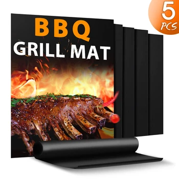 

TESHOM Grill Mat Set of 5 Heavy Duty BBQ Grill Mats Non Stick, BBQ Grill Baking Mats Reusable Barbecue Grilling Accessories