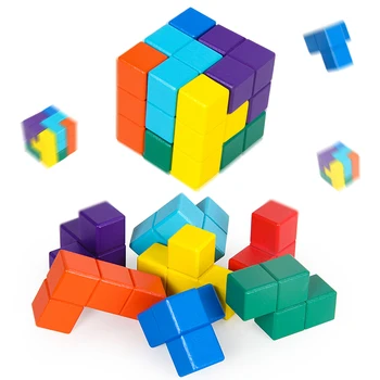 

3D Wooden Cube Stacking Games Bricks Brain Teasers Toy Novelty Toys Tetris Cube Educational Brain Teaser Game Multi-color Toys