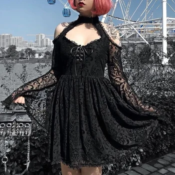 

Women Lace Sexy Off Shoulder Lolita Black Dress Gothic Punk Vintage Mini Party Dresses Flare Long Sleeve Hollow Out Retro Dress