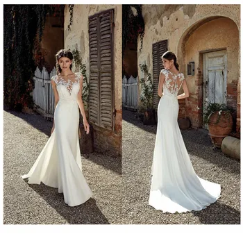 MEJOR OPCIÓN ❤️ Vestido de novia blanco marfil, Sexy, sin mangas, transparente, con cuello, encaje, ilusión de tren de sirena, 2020 - discount item 3% OFF Bodas y eventos