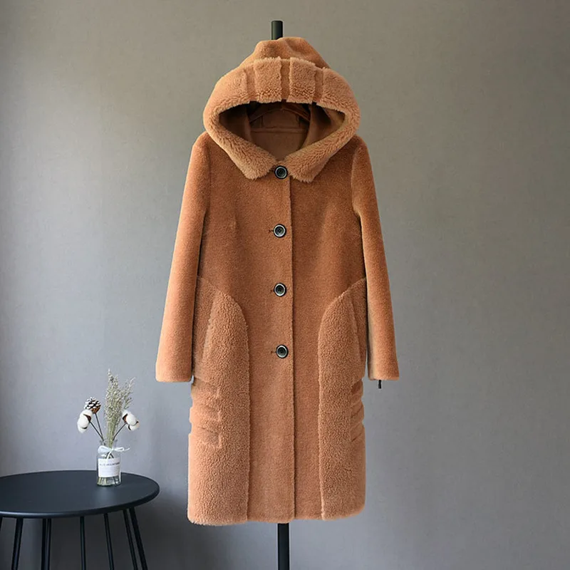 

Autumn Winter Real Fur Coat Women Hooded Sheep Shearing 100% Wool Jacket Long Overcoat Womens Jackets and Coats 2019 L19539