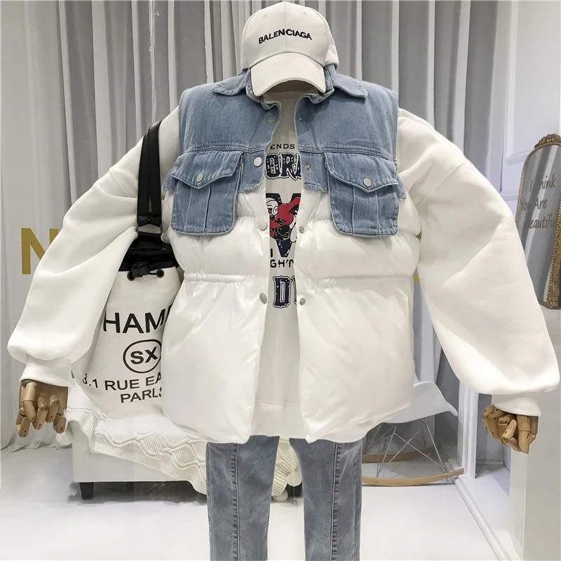 

Patchwork Denim Fashion Cotton Down Woman Vest Winter Pockets Turn-down Collar Single Breasted Women Winter Sleeveless Coats