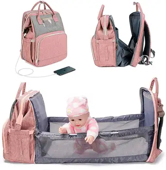 

USB Diaper Bags Baby Bed Foldable Sunscreen Backpack Crib Bag Large Capacity Insulation Nursing Stroller Bag With Changing Mat