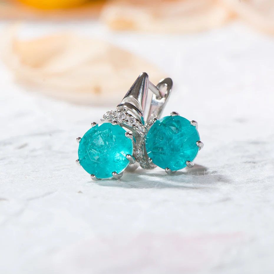 GZXSJG Paraiba Tourmaline Gemstones Clip Earrings for Women Solid 925 Sterling Silver Blue Tourmaline earrings for Anniversary
