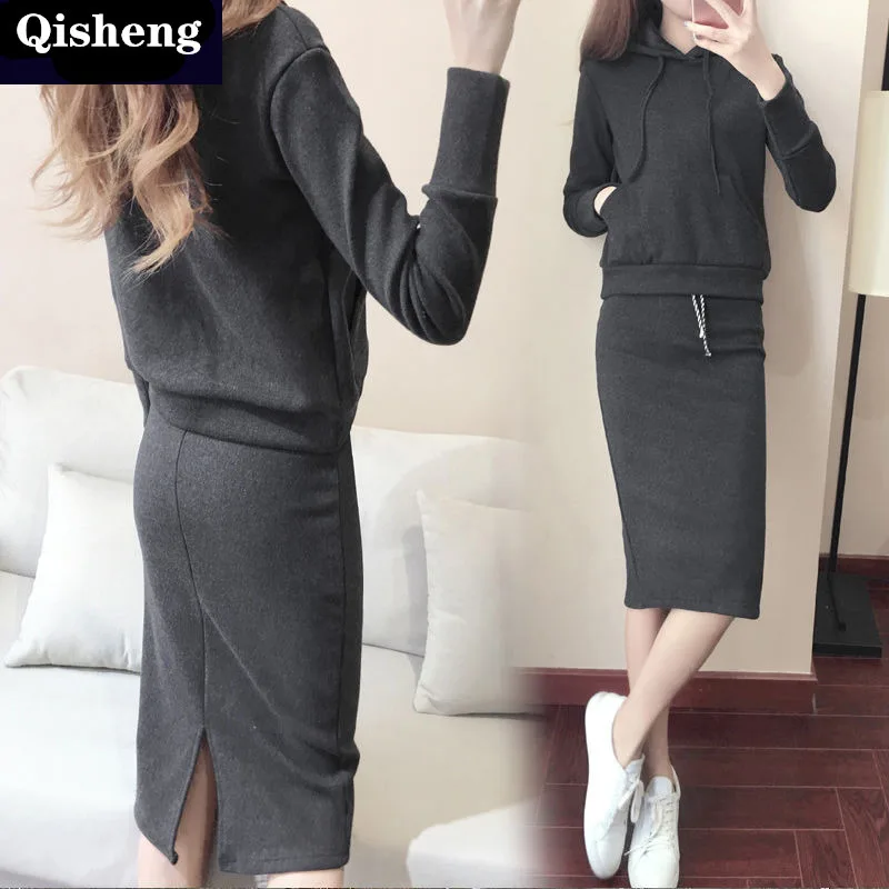 

2019 Autumn New Style Dress Outfit Women's Casual Loose-Fit Hooded Tops + Slit Sheath Long Skirts Two-Piece Set Fashion