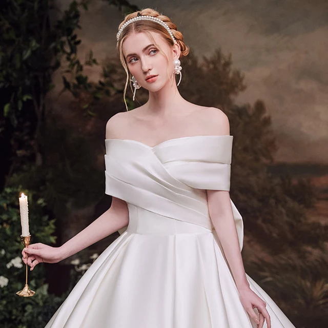 LDR50 White French Satin Light New Wedding Dress Bridal Dress Simple Temperament Off-shoulder 2021 Back Bow Women robe de mariée 5