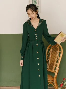 

YOSIMI 2020 Spring Vintage Long Women Dress Elegant Mid-calf Sailor Collar Midi Fit and Flare Black Vestidos Long Sleeve Dress