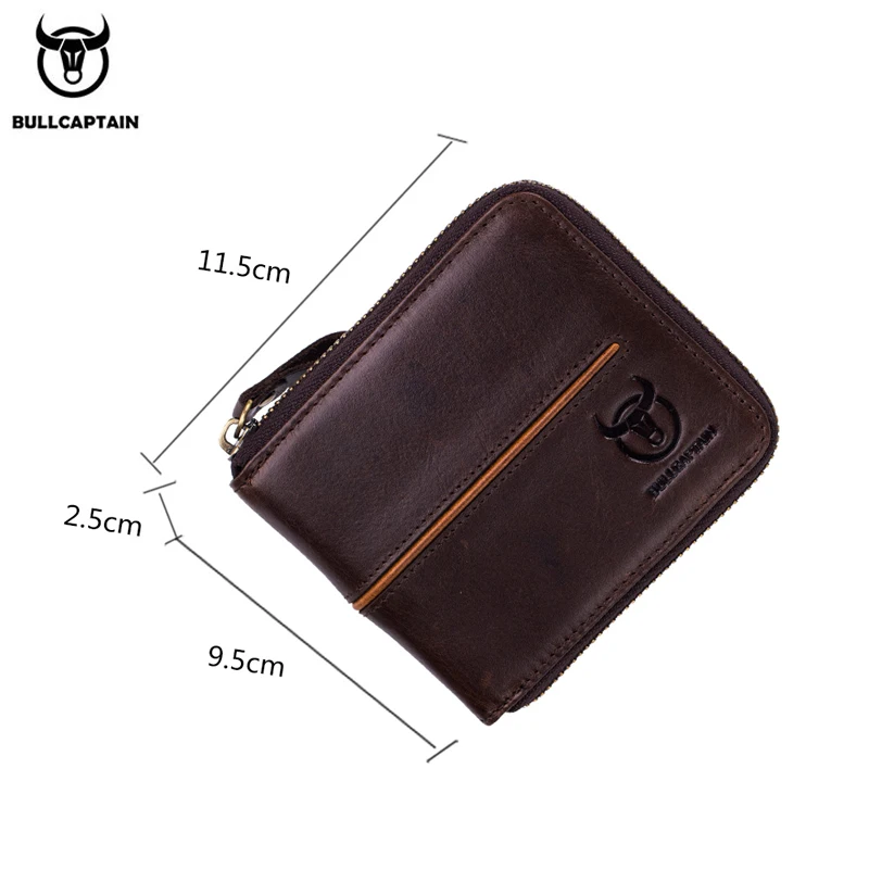 BULLCAPTAIN Genuine Leather Men's Wallet Vintage Zipper with Partition Clip RFID Credit Card Holder Burglar Leather Mini Wallet
