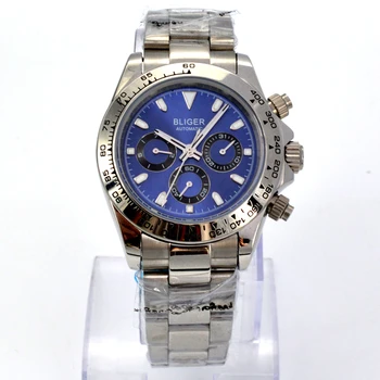 

Bliger 39mm new men's Luxury blue dial steel bezel automatic mechanical watch steel strap date week functionчасы мужские