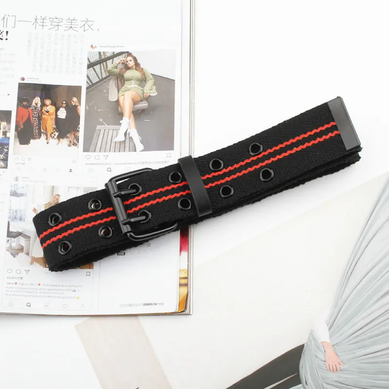 Unisex Canvas Belt Luxury Alloy Double Row Hole Pin Buckle Retro Belt Street Photo Fashion Lengthening Chic Hollow Adjust Belt