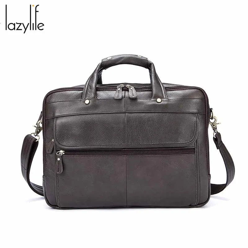 LAZYLIFE Men's Briefcase messenger bag men leather briefcase male laptop bags men's genuine leather bag office bags for men - Цвет: Coffee